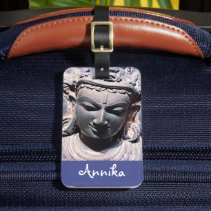 Asian Antique Carved Face Statue Photo Custom Name Luggage Tag
