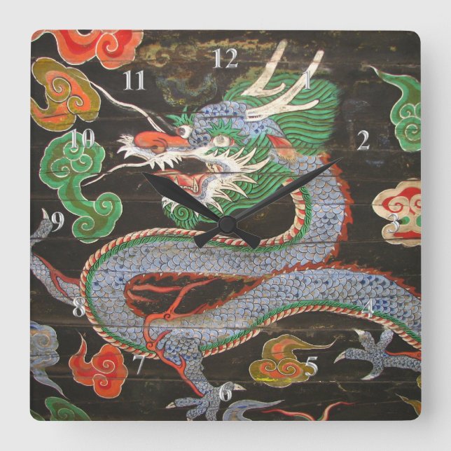 Asian Art Bright Colourful | Dragon Square Wall Clock (Front)