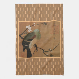 Asian art pigeon on cherry tree branch tea towel