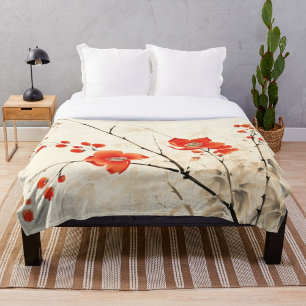 Asian Art Red Blossoms & Delicate Branches Fleece Blanket