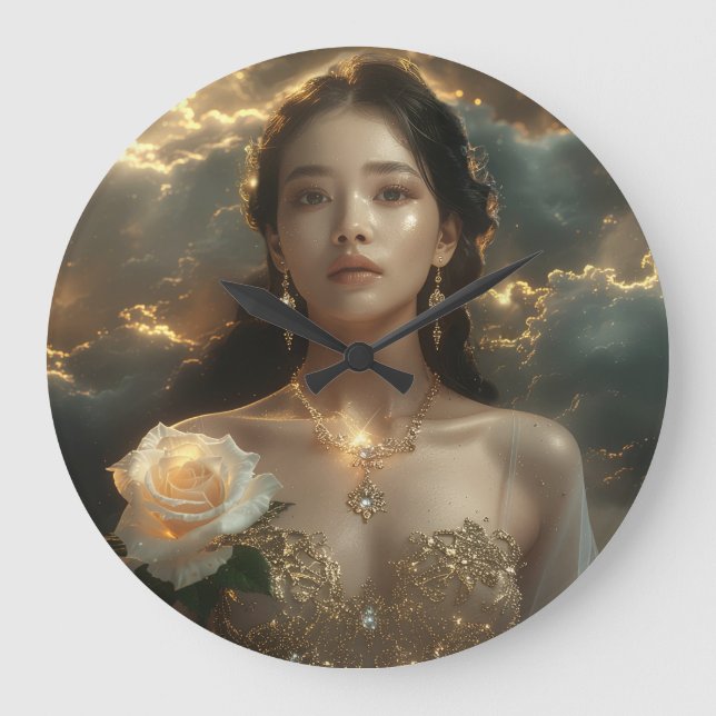 Asian Beauty With White Rose Large Clock (Front)