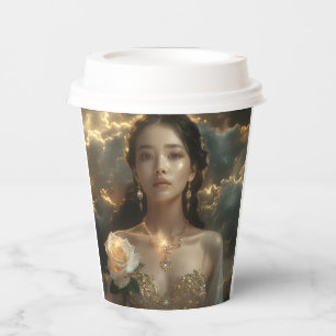 Asian Beauty With White Rose Paper Cups