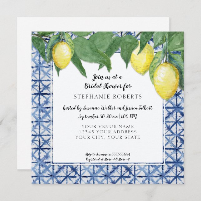 Asian Blue and White w Lemon Branch Bridal Shower Invitation (Front/Back)