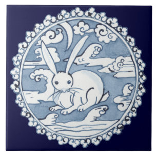 Asian Blue Rabbit in Clouds Ancient Pottery Design Ceramic Tile