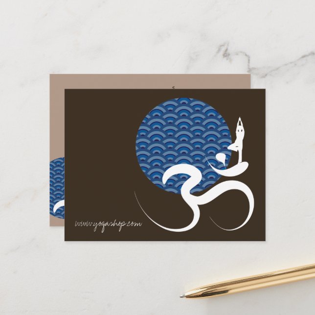 Asian Blue Sun Yoga Modern Zen Calligraphy Om Aum Postcard (Front/Back In Situ)