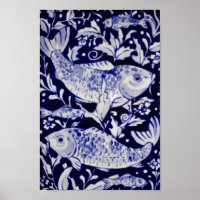 Asian Blue & White Koi Fish Pond Chinoiserie Art