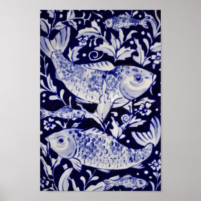 Asian Blue & White Koi Fish Pond Chinoiserie Art Poster (Front)