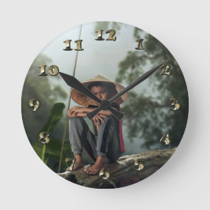 Asian Boy Fishing Round Clock