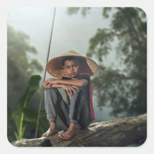 Asian Boy Fishing Square Sticker