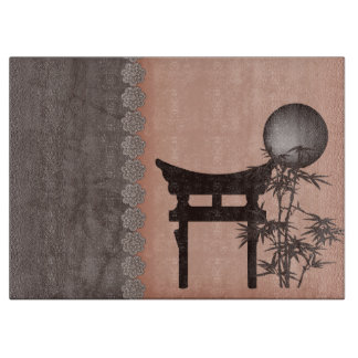 Asian brown Torii bamboo moon digital art Cutting Board
