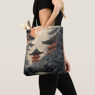 Asian Building Woodblock Tote Bag