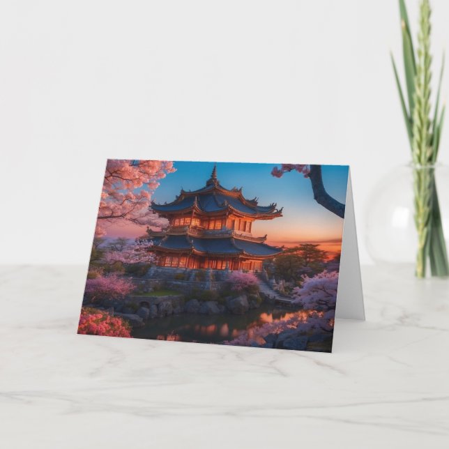 Asian Castle of the Garden Sunset Holiday Card (Front)