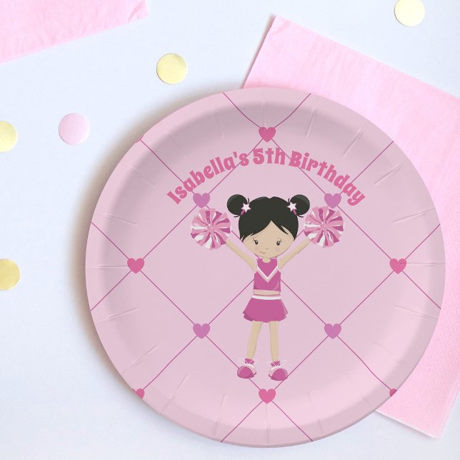 Asian Cheerleader Cute Pink Custom Birthday Party Paper Plate (Creator Uploaded)
