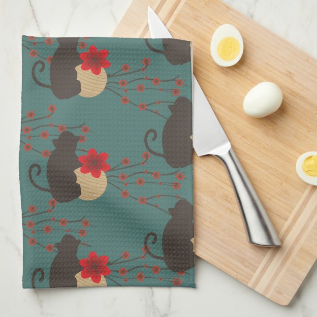 Asian Cherry Blossom Sakura Modern Monkey Pattern Tea Towel (Quarter Fold)
