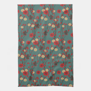 Asian Cherry Blossom Sakura Modern Monkey Pattern Tea Towel