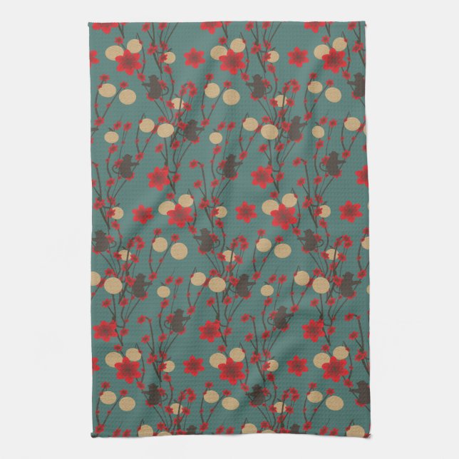 Asian Cherry Blossom Sakura Modern Monkey Pattern Tea Towel (Vertical)
