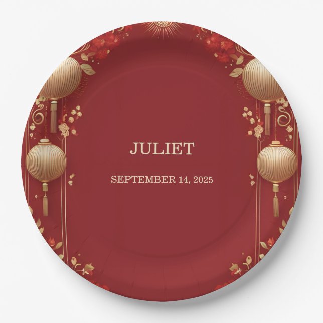 Asian Chinese Bilingual Hei Bold Bridal Shower Paper Plate (Front)