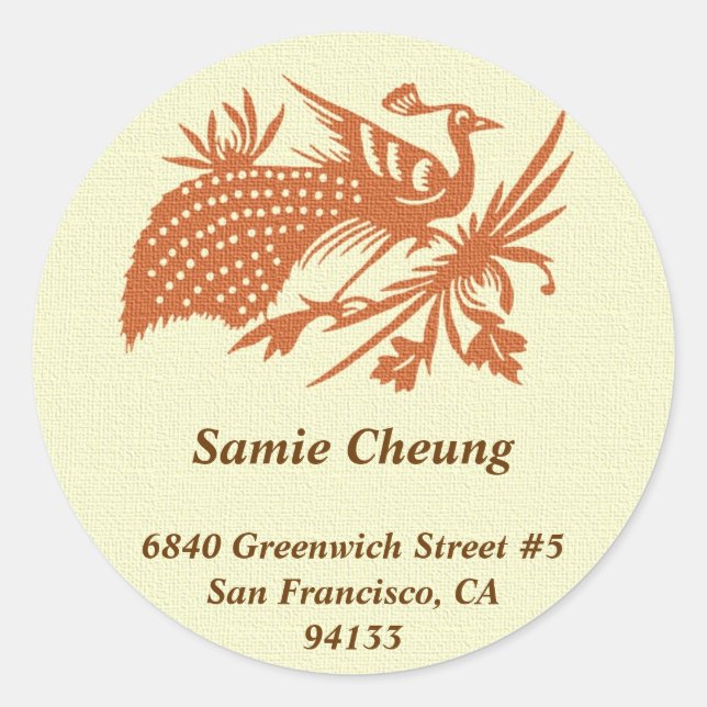 Asian Chinese peacock custom circle address label (Front)