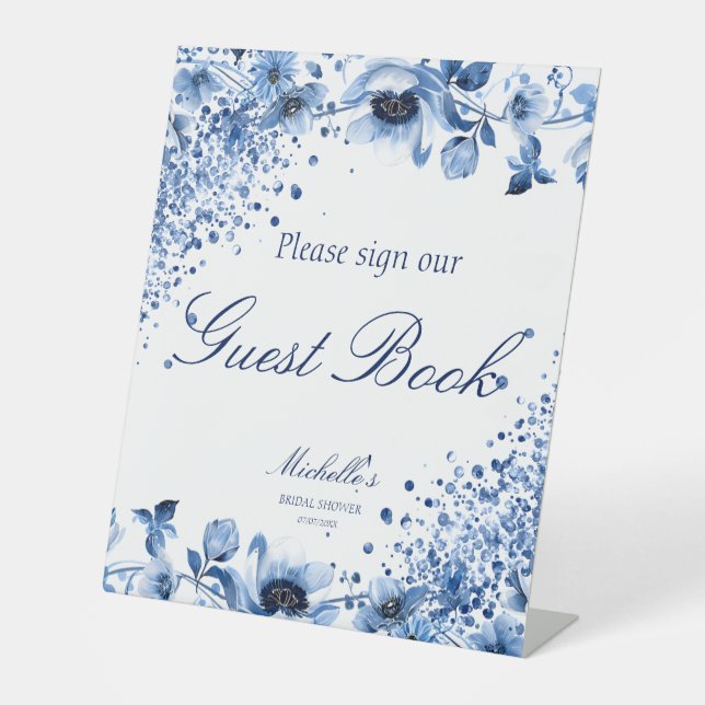 Asian Chinoiserie Light Blue Floral Guest Book Pedestal Sign (Front)
