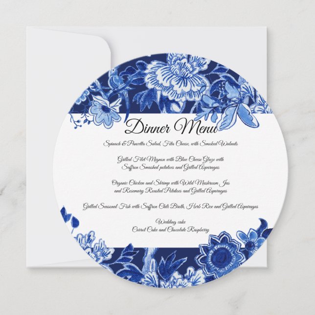 Asian Chinoiserie Navy Blue Floral Dinner Menu Invitation (Front)