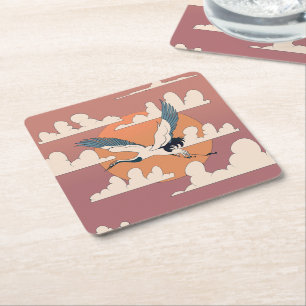 Asian Crane In Flight Square Paper Coaster