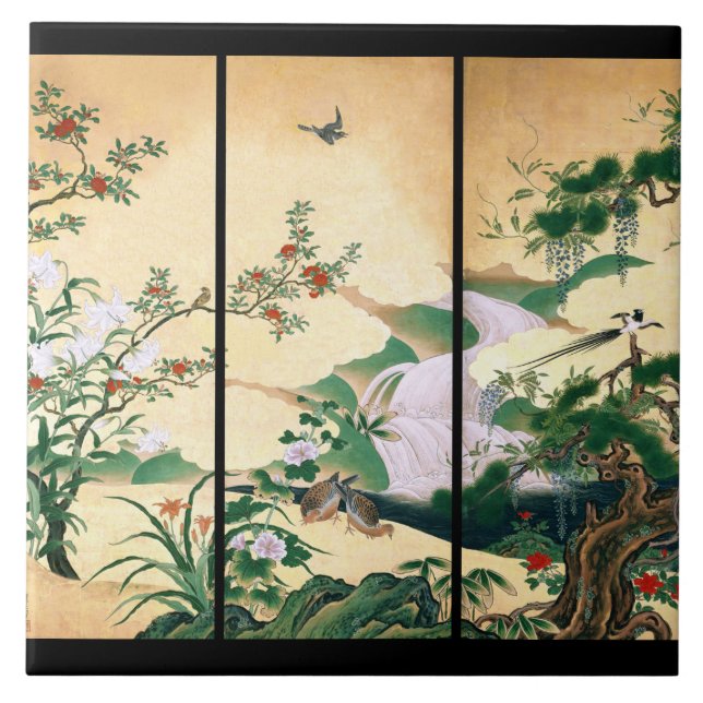 Asian Doves Wisteria Roses Flowers Waterfall Tile (Front)