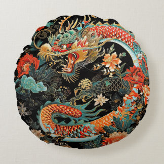 Asian Dragon and Flowers Round Pillow