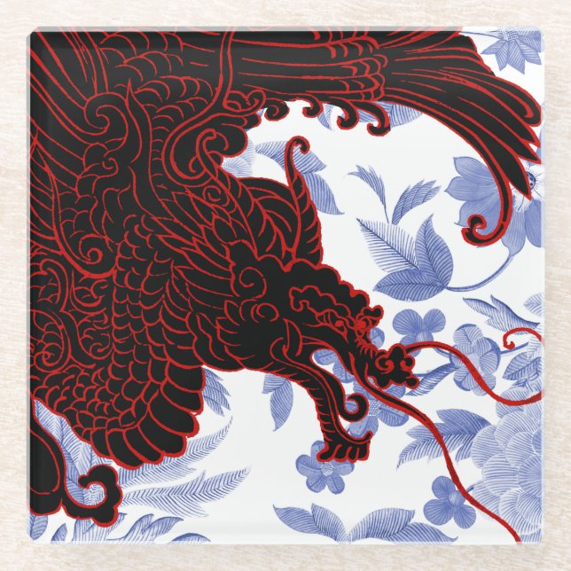 Asian Dragon - Black and Red on Blue Floral Glass Coaster (Front)