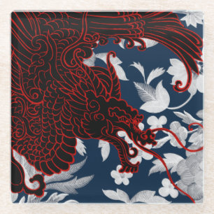 Asian Dragon - Black and Red on Navy Floral Glass Coaster