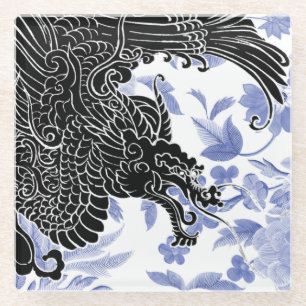 Asian Dragon - Black and White on Blue Floral Glass Coaster