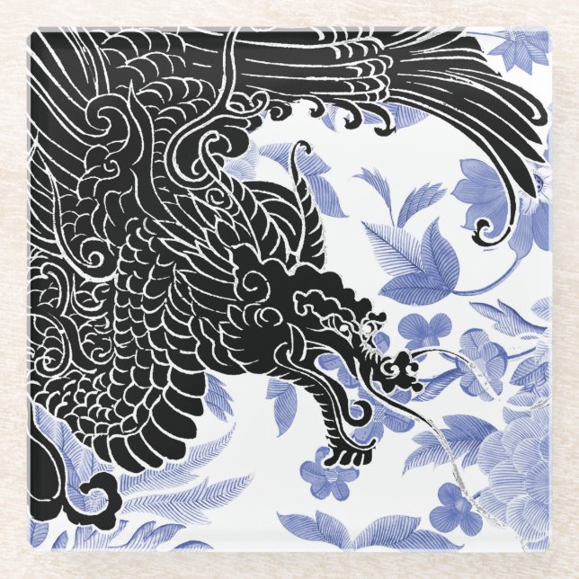 Asian Dragon - Black and White on Blue Floral Glass Coaster (Front)
