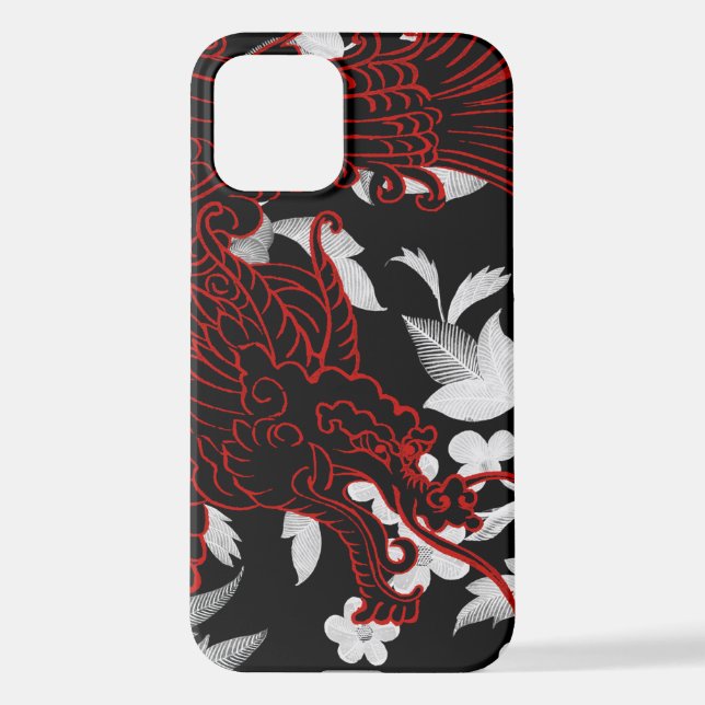 Asian Dragon - Black on Black Floral iPhone Case (Back)