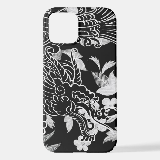 Asian Dragon - Black on Black Floral iPhone Case (Back)