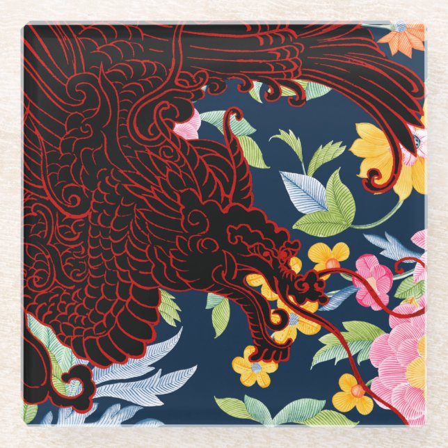 Asian Dragon - Black on Navy Floral Glass Coaster (Front)