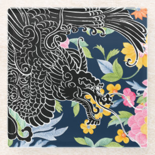 Asian Dragon - Black on Navy Floral Glass Coaster