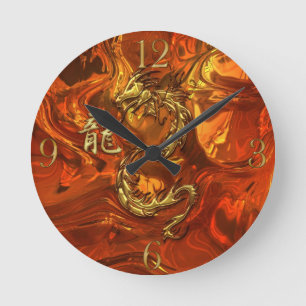 Asian Dragon & Gold Kanji Molten Metal Wall Clock