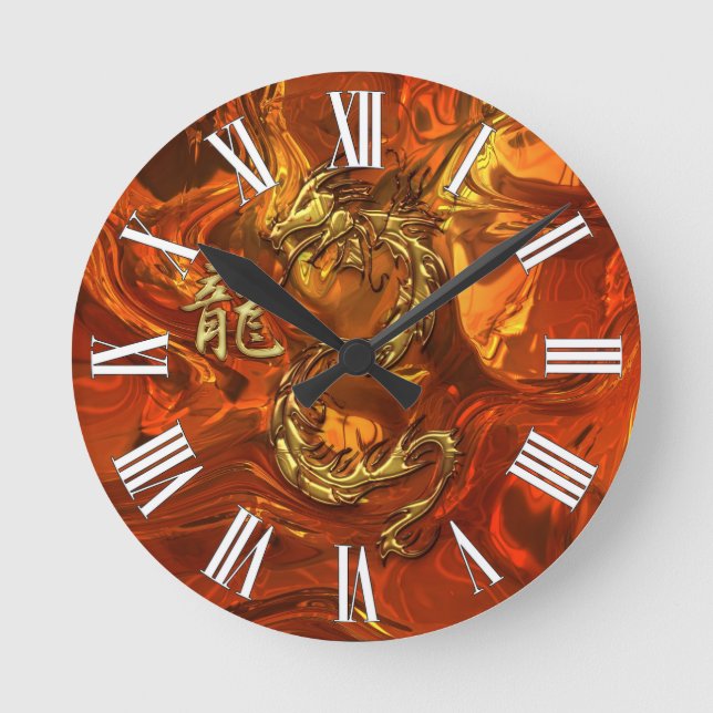 Asian Dragon & Gold Kanji Molten Metal Wall Clock (Front)