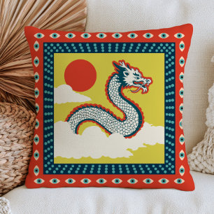 Asian Dragon Illustration Bold Maximalist Quirky Cushion
