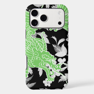 Asian Dragon - Lime green on black floral