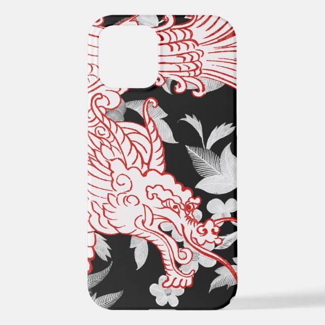 Asian Dragon - White on Black Floral iPhone Case (Back)