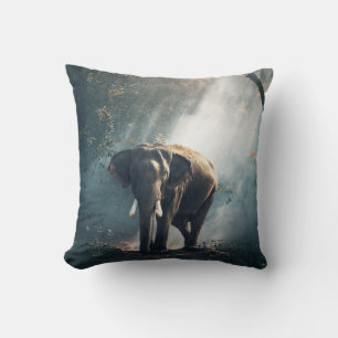 Asian Elephant in a Sunlit Forest Clearing Cushion