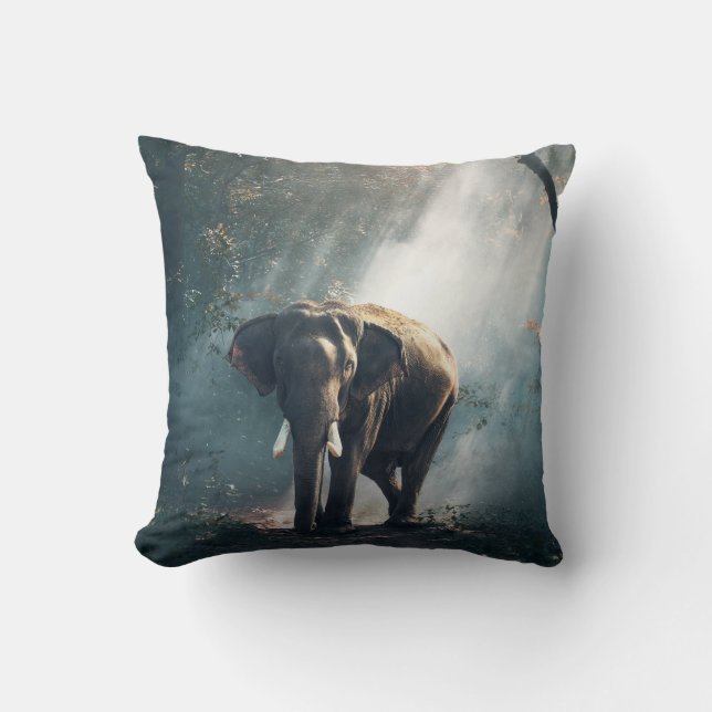 Asian Elephant in a Sunlit Forest Clearing Cushion (Front)