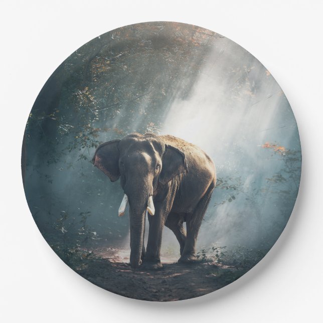 Asian Elephant in a Sunlit Forest Clearing Paper Plate (Front)