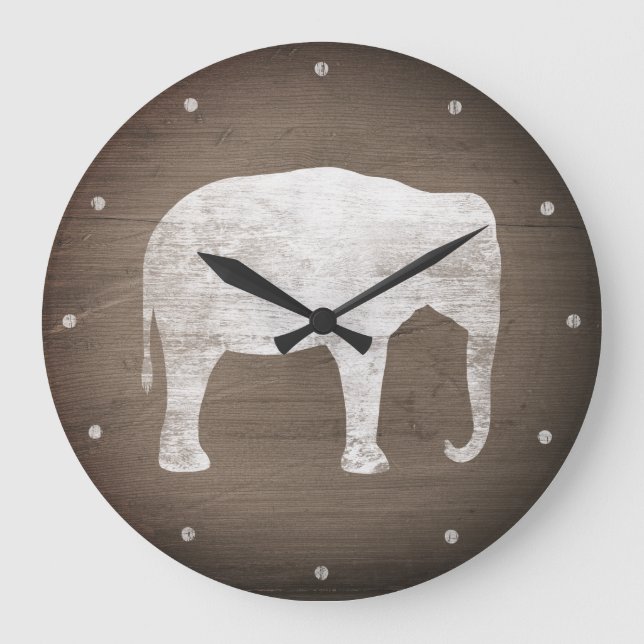 Asian Elephant Silhouette Rustic Style Large Clock (Front)