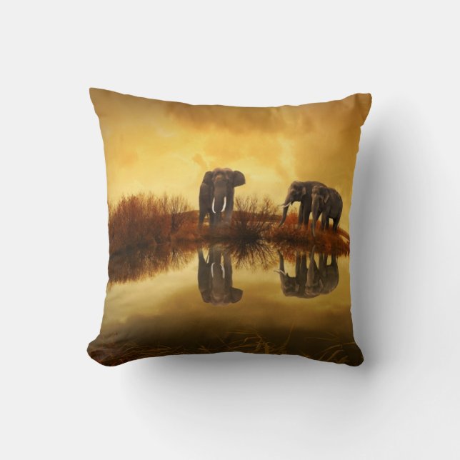 Asian Elephants in Thailand under a glowing sunset Cushion (Front)