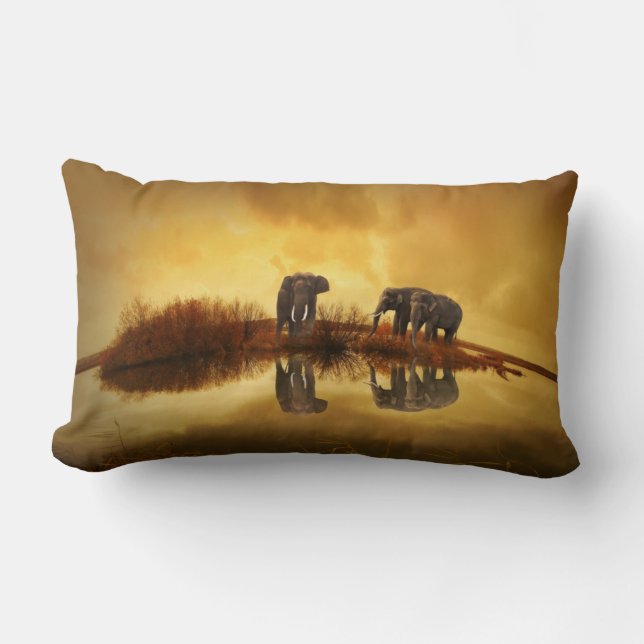 Asian Elephants in Thailand under a glowing sunset Lumbar Cushion (Front)