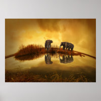 Asian Elephants in Thailand under a glowing sunset