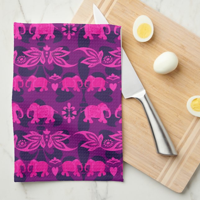 Asian Elephants Pink Purple Decorative Tea Towel (Quarter Fold)