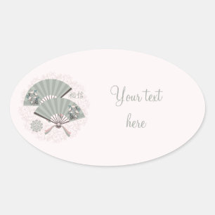Asian floral green fans "Believe" digital art Oval Sticker