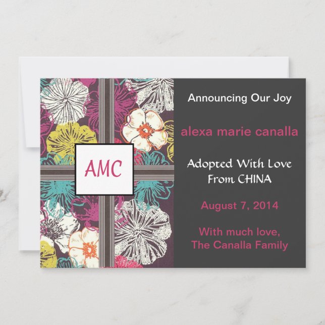 Asian Floral Monogrammed Adoption Announcement (Front)